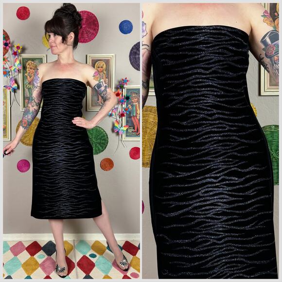 Vintage Y2K Black Strapless Velvet Silver Tiger Stripe Dress - Picture 1 of 7